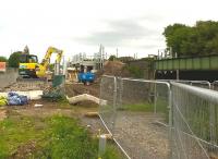 The former Bermuda Park viewpoint - the brick shed just visible within the excavator's arm - has now been fenced off, so it's back to Northbound views at this new station on a Nuneaton industrial estate on 31 May 2015. Useful progress has been made over the past three months [see image 50694].<br><br>[Ken Strachan 31/05/2015]