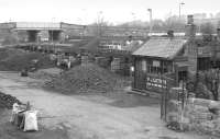 The coal drops alongside Hexham station in March 1985. View west towards Carlisle.<br><br>[Bill Roberton 09/03/1985]