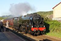 The returning <I>Fellsman</I> railtour at Langho on the evening of 3 June 2015 attacking the long climb from Whalley viaduct up to Ramsgreave & Wilpshire. The locomotive is Royal Scot 46115 <I>Scots Guardsman</I>.<br><br>[John McIntyre 03/06/2015]