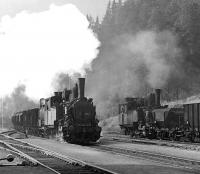 Austrian State Railways 0-6-2RT No. 97.205 (assisted by 97.209 out of sight at the rear) brings a rake of empty iron ore wagons into the summit station at Prbichl while on the right sister loco 97.207 waits with a loaded train to make the steep descent down to Vordernberg. Photographed early on the morning of 5th September 1975,<br><br>[Bill Jamieson 05/09/1975]