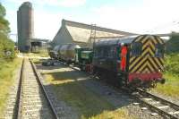 Trials recently took place at Ketton Cement Works aimed at restoring steam traction to the works using 1940s built 0-4-0 saddle tank 'Sir Thomas Royden'. Unfortunately Thomas was only able to haul two loaded powder wagons with the assistance of a diesel shunter 08622. No further trials are planned...  <br>
</br>To be serious, the 08 was actually used to haul BLS members around the works on Sunday 7th June, while the kettle had been used for shorter trips on a public Open Day on Saturday 6th. Good to see a purely industrial railway still in use.<br><br>[Ken Strachan 07/06/2015]