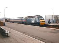 A GNER 125 pulls into Montrose with an Aberdeen service in October 1997. The lack of background  features is not because the station is on the coast, but because it fringes the tidal Montrose Basin. The sea is nearly a mile away on the other side.<br>
<br><br>[David Panton 11/10/1997]