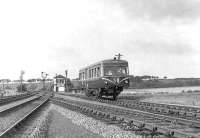 A Park Royal Railbus passing south through Dalrymple Junction on 6 August 1960 on its way from Kilmarnock to Dalmellington.  <br><br>[G H Robin collection by courtesy of the Mitchell Library, Glasgow 06/08/1960]