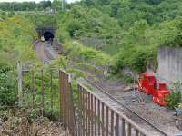 View south from above the site of Winchburgh Station on 14 June 2015.  The north portal of Winchburgh Tunnel is visible on the left, with the eastbound track removed to allow access for contractors plant. [See recent news items]<br><br>[Bill Roberton 14/06/2015]