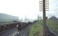 A Black 5 double header formed by 45473 (Perth South) and 44796 (Polmadie) working hard with a lengthy down summer Saturday service on Beattock Summit on 10 July 1965. The train is the 1100 Blackpool North - Dundee/Edinburgh Princes Street. [See image 50180]  <br><br>[John Robin 10/07/1965]