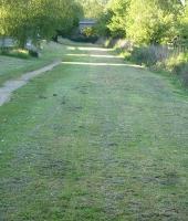 Looking north from Henstridge Station site along the grassed over former Somerset & Dorset line trackbed towards the A30 Shaftesbury Road over-bridge in May 2015. The route is blocked off just before the road bridge, with mature trees along the trackbed beyond.   <br><br>[David Pesterfield 12/05/2015]