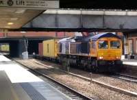 GBRf locomotive 66755 appears to be in ex-works condition as it heads a down container train through Leicester station on 19 June 2015.<br><br>[Ken Strachan 19/06/2015]