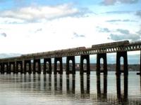 Looking north across the Tay on 20 June 2015 as a northbound ScotRail Turbostar, forming the 15.00 from Edinburgh Waverley to Dundee, meets the 14.52 ex Aberdeen southbound Virgin East Coast HST 125.<br><br>[Andrew Wilson 20/06/2015]