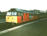 47584 is stabled at a temporarily shortened Platform 5 at Perth in February 1999. It's in a 'creative' livery. Nowadays there is no opportunity for lingering at Platform 5 as it's used for the hourly Edinburgh shuttle and the turnaround is tight, thanks to the long single track section between Hilton and Ladybank.<br>
<br><br>[David Panton 01/02/1999]