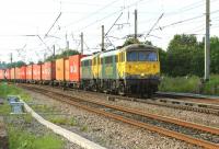 Freightliner locomotives 86622+86637 bring the 4M74 Coatbridge to Crewe Basford Hall container train through Balshaw Lane Junction on 18 June 2015.<br><br>[John McIntyre 18/06/2015]
