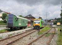 Solar energy is much in evidence across Germany, but rarely on railway rolling stock! The Freyung terminus of the Iltztalbahn is seen here on 21st June, with a single-unit Waldbahn railcar soon to depart for Passau. The passenger service is summer weekends only, and the photographer was unable to establish how this operation - and the branch itself (with no evident freight traffic) - manages to survive.<br><br>[David Spaven 21/06/2015]