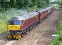 WCRC 47760 working hard on the rear of the 'Cathedrals Express' Fife Circle trip on 6 July passing through Dalgety Bay. [See image 51883]<br><br>[Bill Roberton 06/07/2015]