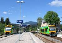 An interesting network of branch lines radiates northwards from Plattling on the Passau-Regensburg main line, now operated on a franchise basis by the private Waldbahn company. The heart of this network in the Bayerischer Wald (Bavarian Forest) is at Zwiesel - seen here on 17th June - where branches radiate to Bodenmais and Grafenau, the main spine continuing north to the Czech border at Bayerisch Eisenstein, then onwards to Pilsen (as in the beer).<br><br>[David Spaven 17/06/2015]