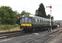 A 3 car DMU set arriving at Toddington on 11 July 2015.<br><br>[Peter Todd 11/07/2015]