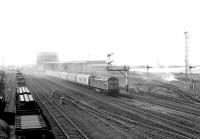 A pall of smoke from burning rubbish hangs over Falkland yard on 17 April 1983 as a Brush Type 4 passes through northbound with the 1055 Stranraer Harbour - London Euston.<br><br>[John Furnevel 17/04/1983]