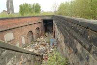 Looking north towards Gorbals Junction in 1999 from the top of the access stairway in the V between the lines to Paisley (left) and Barrhead (now closed). The CGU Gorbals station (1876-1928) stood on the right, while the CGU Main Street station (1872-1900) was on the left. [Ref query 15285]<br><br>[Ewan Crawford //1999]