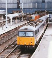 An InterCity liveried London Euston - Glasgow Central service about to restart from Carlisle in 1997. A Royal Mail 325 unit is standing alongside platform 3 in the background.<br><br>[John Furnevel 19/08/1997]