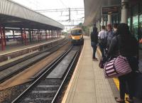 The 1755 Manchester Airport - Cleethorpes arriving at Stockport platform zero on 23 July 2015 [see image 30899].<br><br>[Bruce McCartney 23/07/2015]