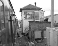 View from a train passing Stevenston No.2 signal box on 31 August 1985. [Ref query 5252]<br><br>[Bill Roberton 31/08/1985]