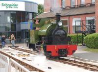 The last steam engine built by the Hunslet Engine Company in 1971, <I>Trangkil No.4</I> (works number 3902) is seen here during the Hunslet 150 celebrations on 18 July 2015 operating on temporary track at the site where it was constructed . The only original building remaining is to the right of the loco, the remainder of the site having been redeveloped by Schneider Electric.<br><br>[John McIntyre 18/07/2015]