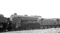 Maunsell <I>Schools</I> class 4-4-0 30936 <I>Cranleigh</I> awaiting disposal in the sidings at Eastleigh in September 1963. Withdrawn from Nine Elms at the end of 1962 it was cut up at the nearby works the following month.<br><br>[K A Gray 25/09/1963]