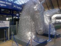Kelpies maquettes make an appearance on the concourse at Glasgow Queen Street station. Photographed on 3 August 2015.<br><br>[John Yellowlees 03/08/2015]