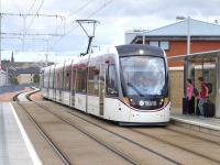 Edinburgh Tram 260 calls at Murrayfield Stadium with an Airport service on 4 August 2015. <br><br>[Bill Roberton 04/08/2015]