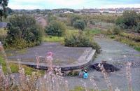 Looking east over the site of the first Stepps station in 1988, the second station was to open a year later at the distant road bridge. The first station, originally called Steps Road, is thought to have opened around 1842, renamed Stepps in 1924 and closed in 1962. A large carriage shed, and later just carriage sidings, existed to the left of the line here and the Comedie Branch, serving the Garthamlock Colliery, ran off to the right. [Ref query 44541]<br><br>[Ewan Crawford //1988]