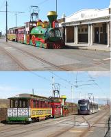 On a driver training run (note the L Plate in the <I>smokebox</I> window) illuminations tram 733 and its trailer 734 pause at Bispham station on 12 August. As they headed off to the turning circle at Little Bispham they passed <I>Flexity</I> 002, unusually parked in the turnback siding as it too was being used for driver training. [See image 49331] for  733 on its more traditional duties. <br><br>[Mark Bartlett 12/08/2015]