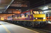 Running some 105 minutes early, 90028 and 90019 with 66114 behind in the consist of the Didcot to Mossend overnight freight on 15 August 2015. The train is  being held in Preston station to allow a Freightliner service to pass.<br><br>[John McIntyre 15/08/2015]