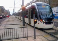 The current Edinburgh Tram terminus at York Place, looking west towards Queen Street on 22 August 2015. The layout of this terminus certainly looks 'temporary'. <br><br>[John Yellowlees 22/08/2015]