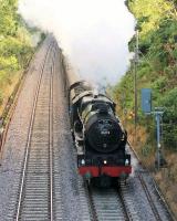 <I>Fellsman League Champion 2015</I>. 46115 <I>Scots Guardsman</I> was the clear winner of the extended Fellsman season in 2015 being turned out on eight out of fourteen occasions. The Scot is seen here on 19th August powering up the bank at Lancaster with the penultimate train. Runner up in the league table was 45231 with three trips while Jubilee 45699 made two runs and sister 45690 a single one. [See image 48503] for the 2014 results. <br><br>[Mark Bartlett 19/08/2015]