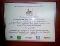Kilmarnock Station Railway Heritage Trust - plaque unveiled at Kilmarnock station on 31 August 2015.<br><br>[John Yellowlees 31/08/2015]