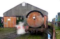 The Fireless locomotive hiding at the ARPG's Dunaskin shed on 30 August 2015, unable to run due to a valve problem in the steam system. [See image 51874]<br><br>[Colin Miller 30/08/2015]