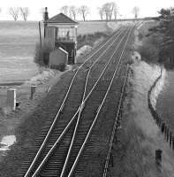 Looking south to Usan signalbox on 28 March 1987.  The 'box closed in 2010. [See image 18177]<br><br>[Bill Roberton 28/03/1987]