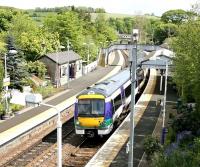 ScotRail 170459 about to restart a Fife Circle service en route to Edinburgh from Aberdour station on a sunny 5 May 2005. The unit is in a  'transitional' livery between National Express and First Group colours.<br><br>[John Furnevel 05/05/2005]