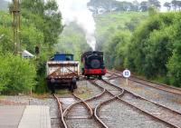 Looking south along the ARPG Platform at Dunaskin on 30 August 2015. On the far right is the Network Rail line from Dalrymple Junction, currently out of use. Once past the 10 mph sign, ownership changes to Hargreaves for the line up to Chalmerston Opencast, now also out of use. No. 10 is back on Brake van Shuttle duty.<br><br>[Colin Miller 30/08/2015]