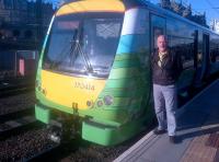 The 0910 to Tweedbank at Waverley on 6 September with David Spaven alongside.<br><br>[John Yellowlees 06/09/2015]