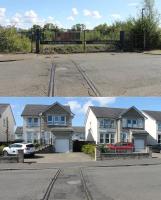 Two views on Castle Road in Dumbarton in August 2015. The first looks east into the old Allied Distillers yard, still awaiting redevelopment. Prior to use by Allied this site was a Blackburn aircraft factory and produced Sunderland flying boats during WWII. The second looks west at the same spot where new housing has been built across the old line into William Denny's Leven shipyard, but the tracks across the road are still very evident. [My thanks to John McIntyre for additional information on this location.] [Postscript - on a further visit in August 2017 the tracks had been covered with a patch of tarmac and housing was being built on the Allied site]<br><br>[Mark Bartlett 16/08/2015]