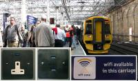 Passengers on the last two coaches on the 1311 to Tweedbank on 6th September (the first day of public services) had the bonus of being on unit 158701, the first of the class to be refurbished. Wifi and plentiful power sockets<br>
(inset) complemented the fresh decor.<br><br>[Colin McDonald 06/09/2015]