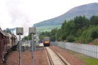 <I>Union of South Africa</I> pulls into the Tweedbank terminus on 9th September, with the Eildon Hills as backcloth.<br><br>[David Spaven 09/09/2015]