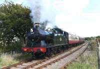 A train leaving Blaenavon High Level station on 12 September 2015 behind ex-GWR 0-6-2T no 5637.<br><br>[Peter Todd 12/09/2015]