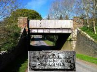 The original bridge at Bowland (complete with nesting birds) with the barely readable maker's plate (inset) taken on 25th April 2011,  This bridge was one of those replaced during the reopening works [see image 36188]. Somervail and Co. of Dalmuir Iron Works produced bridges and roofs.<br><br>[Colin McDonald 25/04/2011]