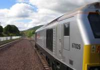 Ready for the road: 67 026 waits for the road back from Tweedbank on the return working of the 16th September steam special.<br><br>[David Spaven 16/09/2015]