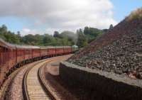 View from the tail of the 16th September steam special – block-booked by CBR members, supporters, families and friends – climbing Borthwick Bank close to where the photographer’s father captured a snow-bound scene in February 1963 [see image 52639].<br><br>[David Spaven 16/09/2015]