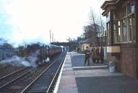 Standard tank 80121 in the loop at East Kilbride on 15 April 1966 with the empty stock of the last steam-hauled passenger service from St Enoch. [See image 47096]<br><br>[John Robin 15/04/1966]