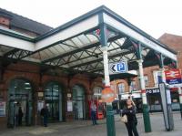 Entrance canopy at Wigan Wallgate station. The running lines are below street level here.<br><br>[Veronica Clibbery 17/09/2015]