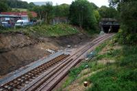 The location of the junction for the new connection to the main line at Anniesland can be seen in this view from the former Anniesland Gasworks access bridge. The Forth and Clyde Canal crosses over the line in the right background.<br><br>[Colin McDonald 23/09/2015]