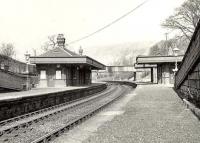 Platform view at Old Kilpatrick in April 1958, looking west towards Dumbarton.<br><br>[G H Robin collection by courtesy of the Mitchell Library, Glasgow 12/04/1958]