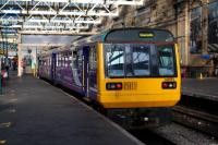 'Pacer' DMU 142015 arriving from Newcastle has just bounced its way over the approach pointwork and into bay platform 5 at Carlisle on 28th September 2015.<br><br>[Colin McDonald 28/09/2015]